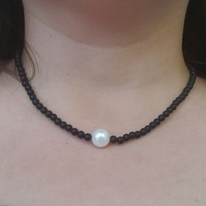 Black lava bead and genuine pearl necklace